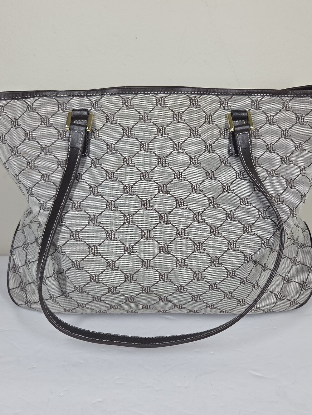 Lauren Ralph Lauren Brown Tan Monogram AOP Tote Bag Preppy Classic Old Money